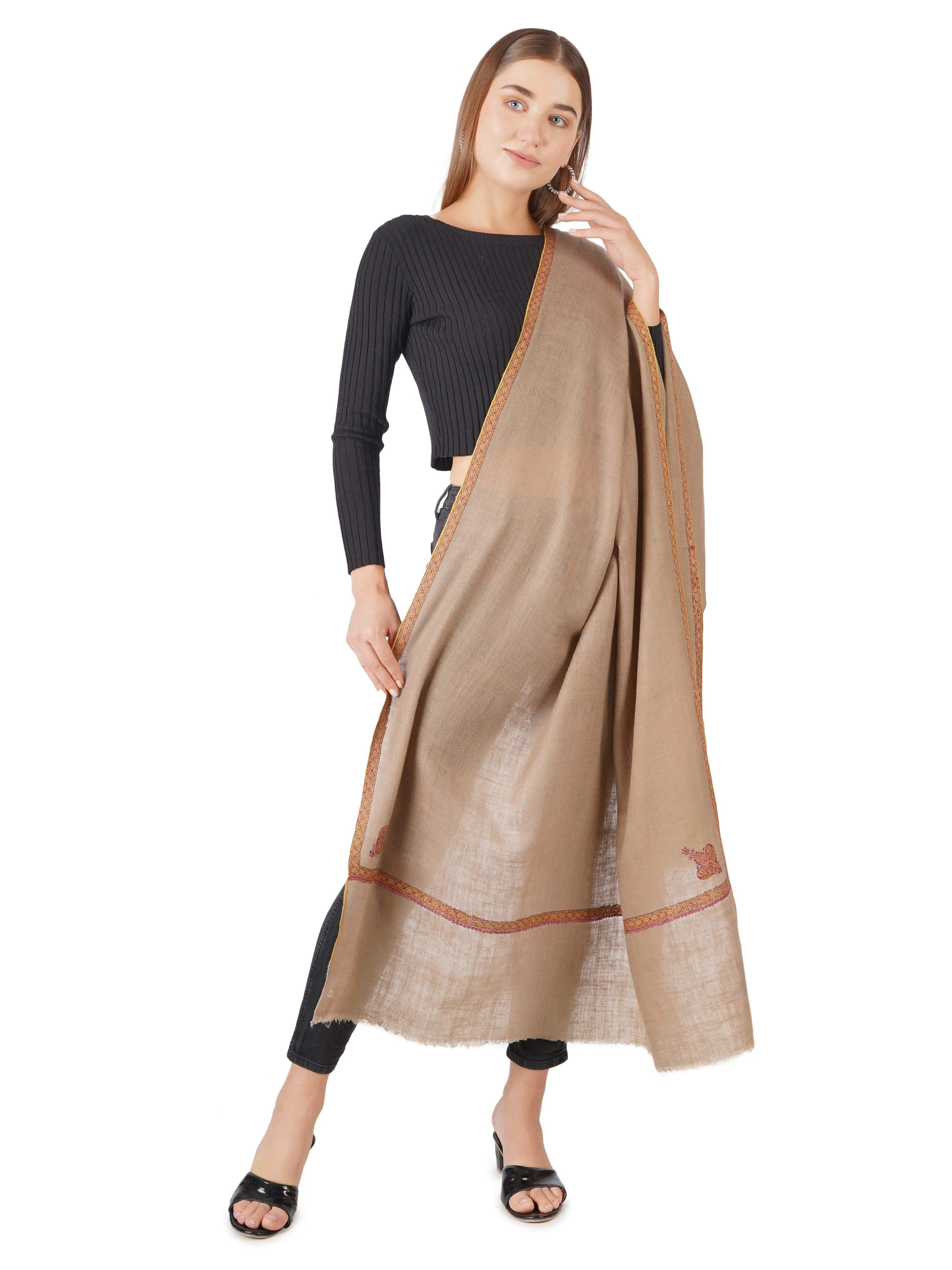 Exquisite Handwoven Pashmina Shawl - Hand-Embroidered (Natural Toosh)