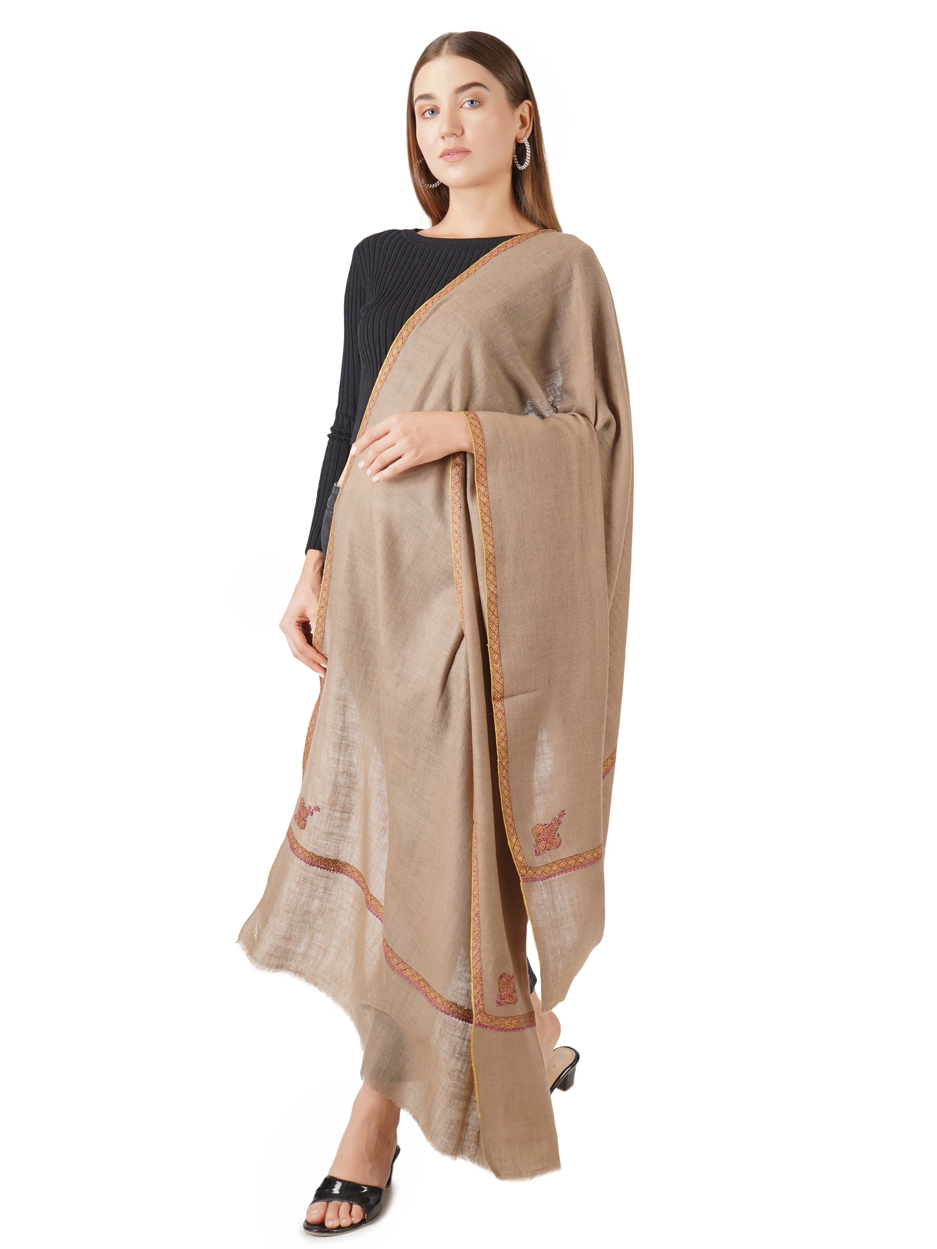 Exquisite Handwoven Pashmina Shawl - Hand-Embroidered (Natural Toosh)