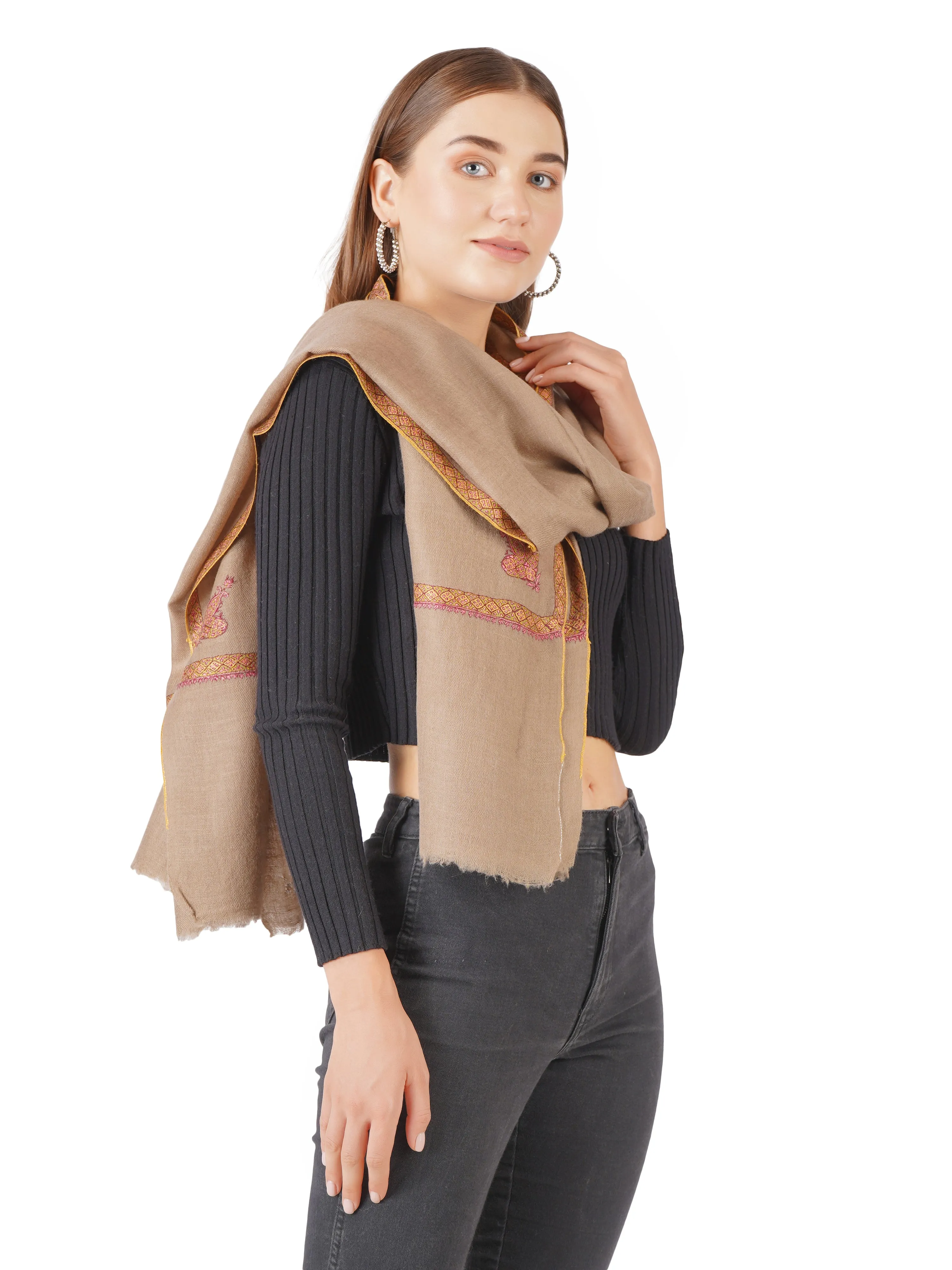 Exquisite Handwoven Pashmina Shawl - Hand-Embroidered (Natural Toosh)