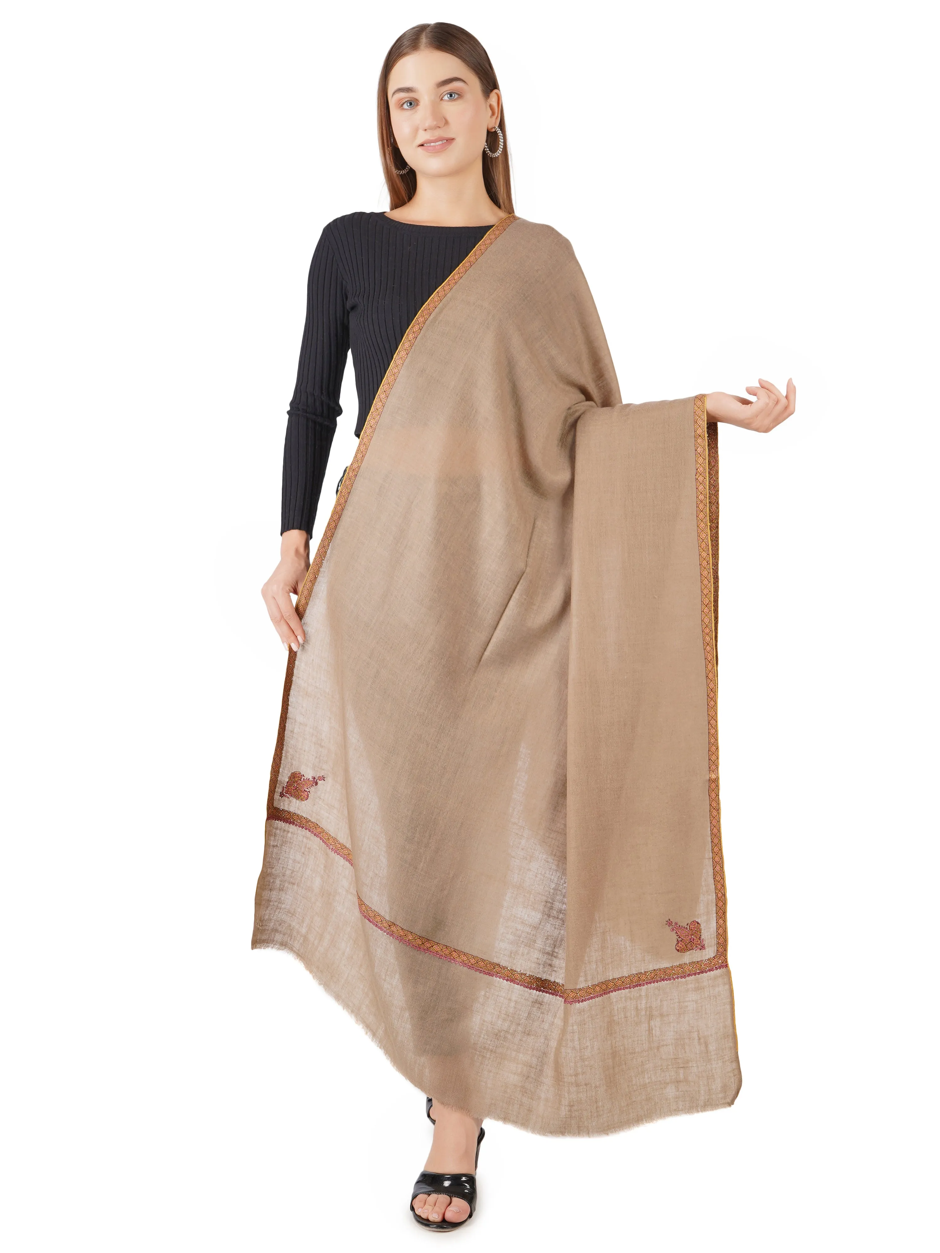 Exquisite Handwoven Pashmina Shawl - Hand-Embroidered (Natural Toosh)