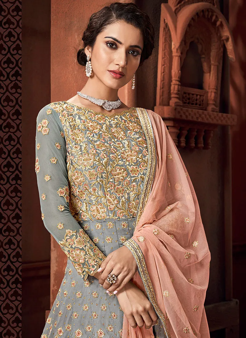 Grey And Peach Zari Embroidered Anarkali Suit