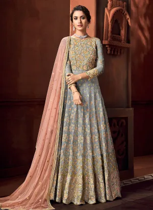 Grey And Peach Zari Embroidered Anarkali Suit