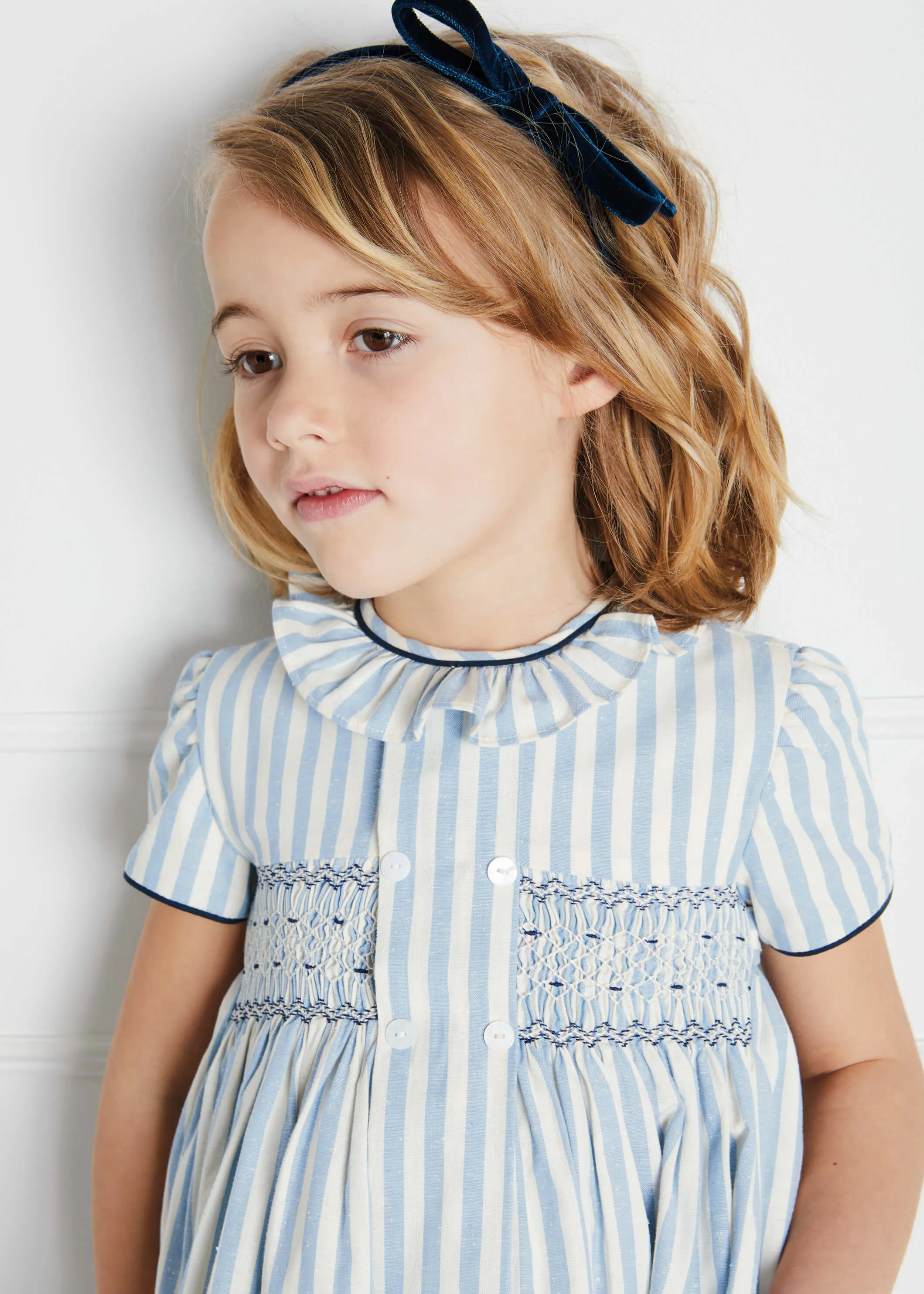 Hand Smocked Delicate Stripe Short Sleeve Dress in Blue (12mths-10yrs)