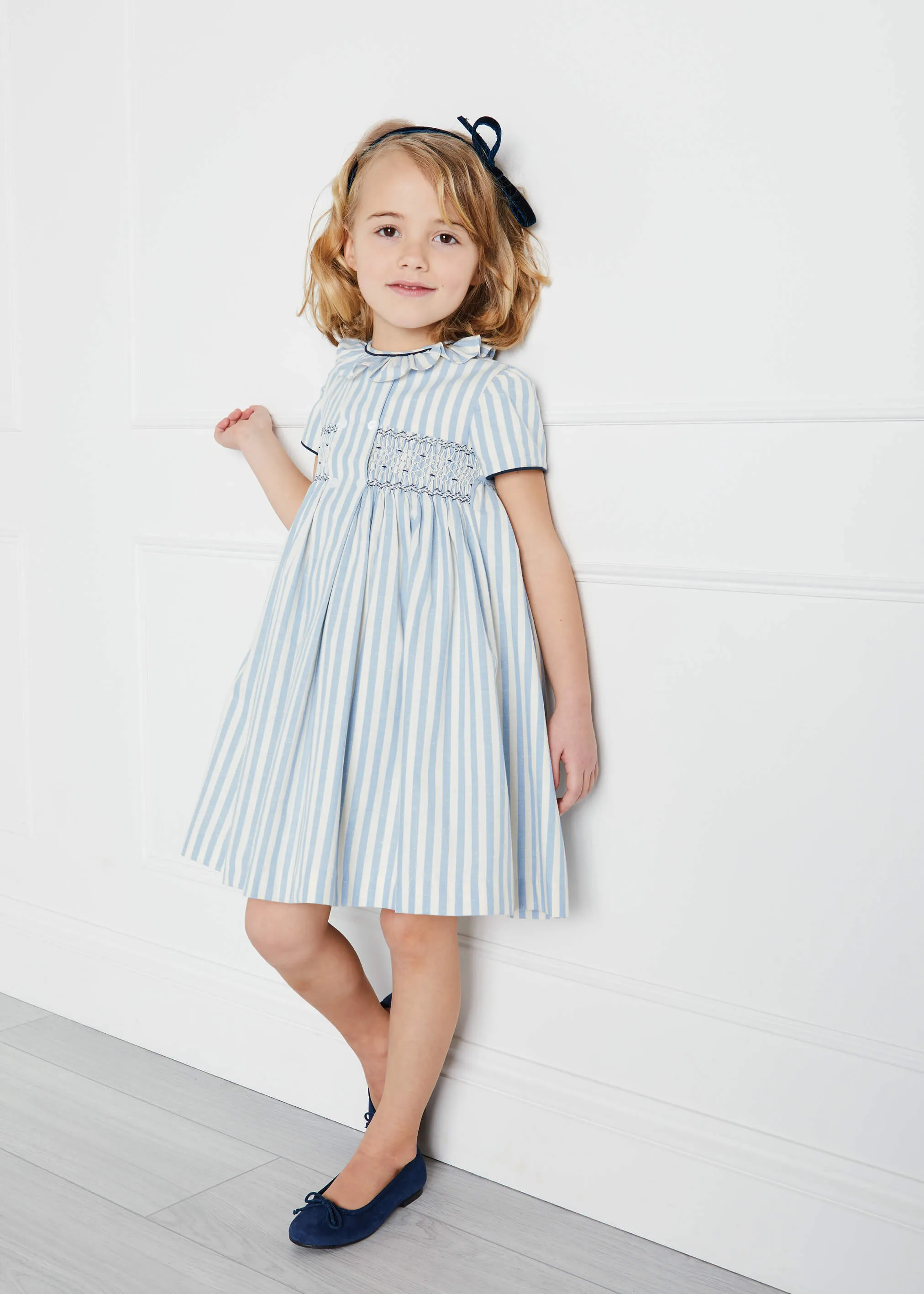 Hand Smocked Delicate Stripe Short Sleeve Dress in Blue (12mths-10yrs)