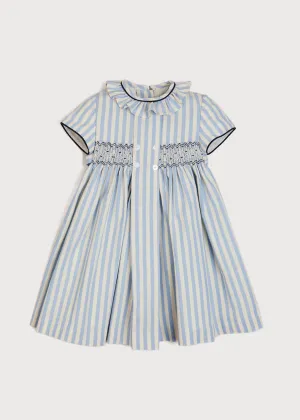 Hand Smocked Delicate Stripe Short Sleeve Dress in Blue (12mths-10yrs)