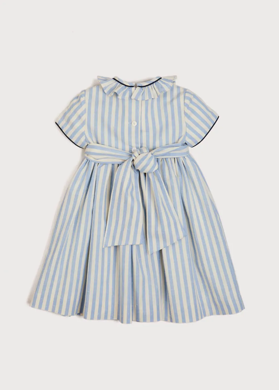 Hand Smocked Delicate Stripe Short Sleeve Dress in Blue (12mths-10yrs)