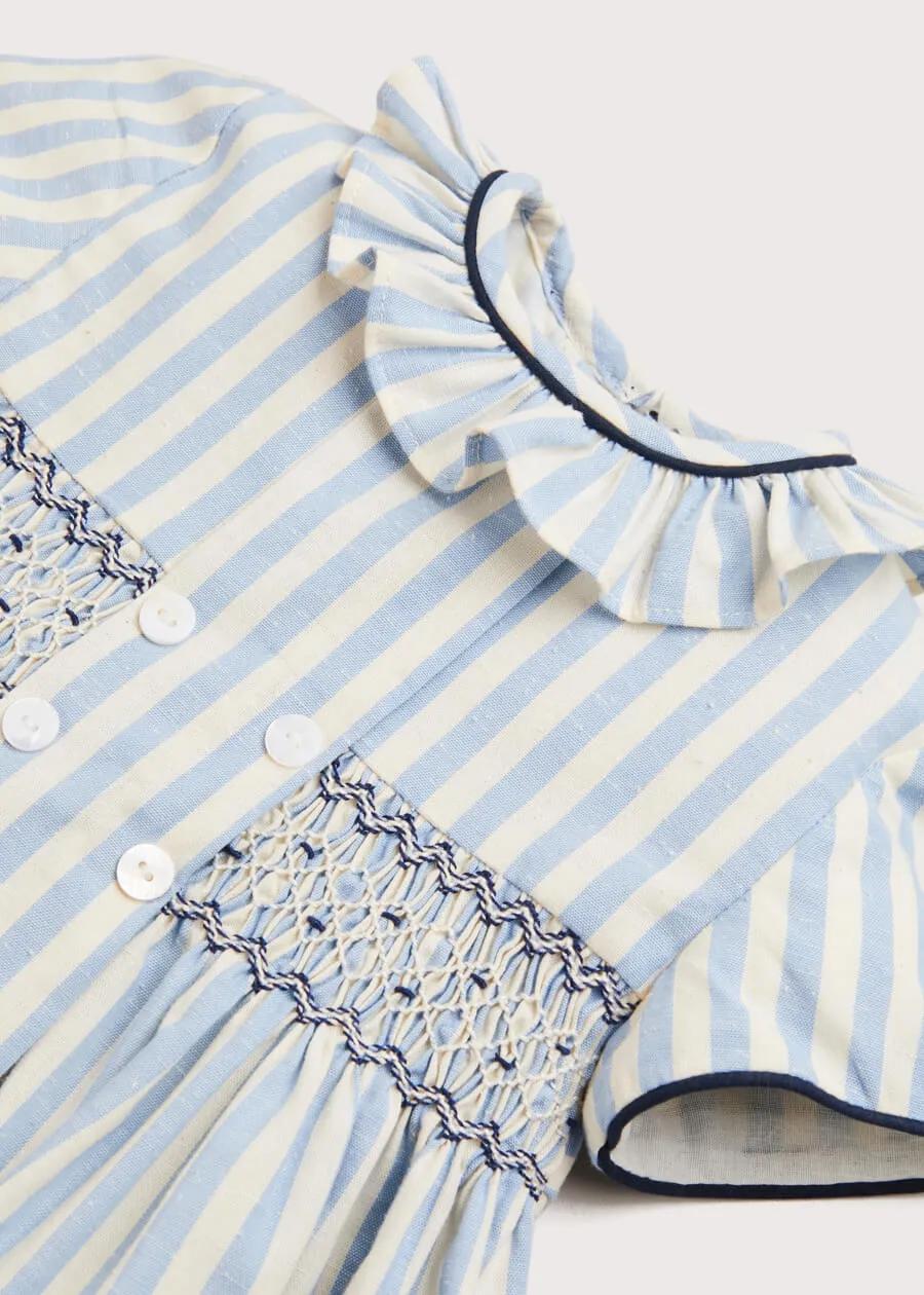 Hand Smocked Delicate Stripe Short Sleeve Dress in Blue (12mths-10yrs)