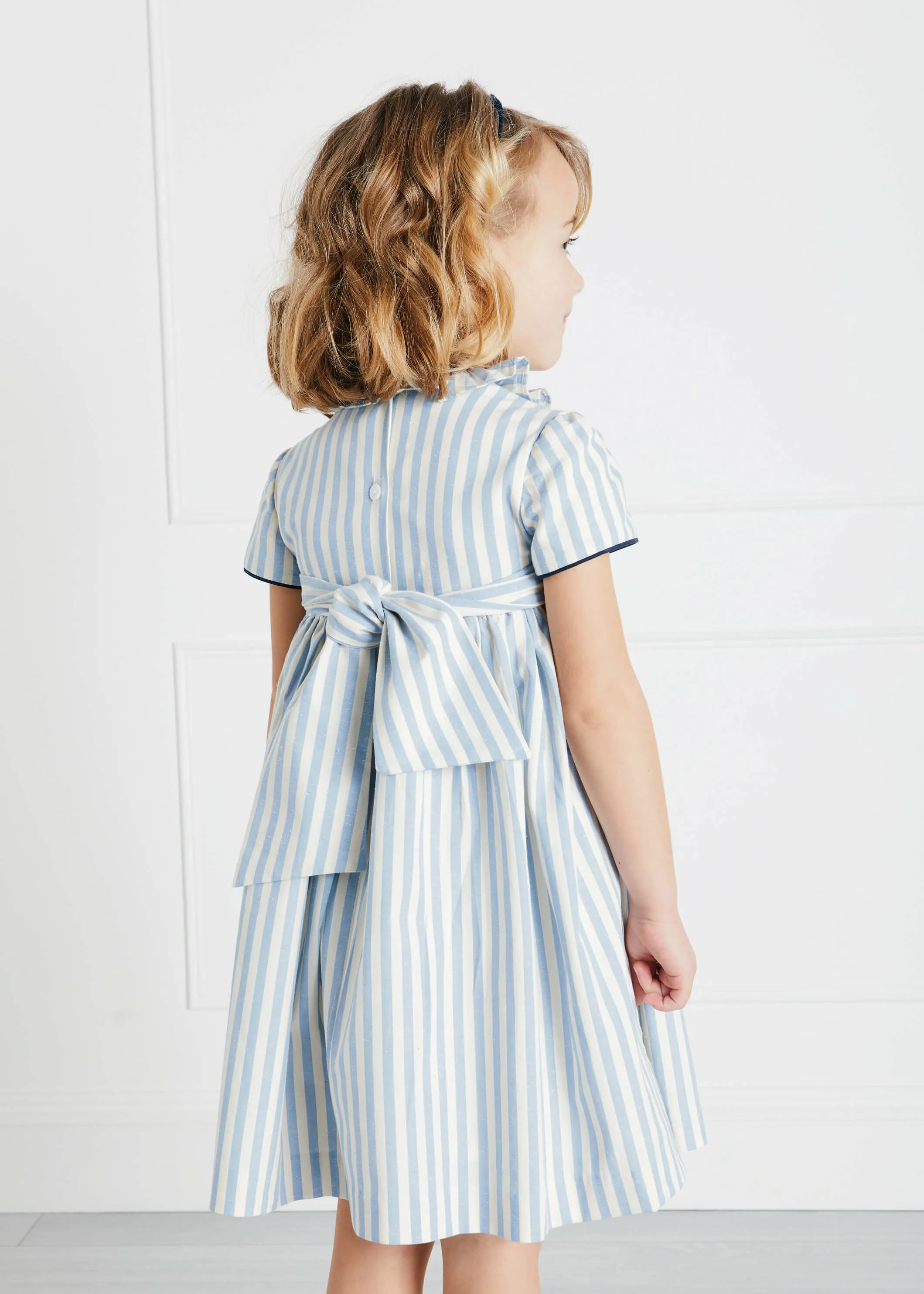 Hand Smocked Delicate Stripe Short Sleeve Dress in Blue (12mths-10yrs)