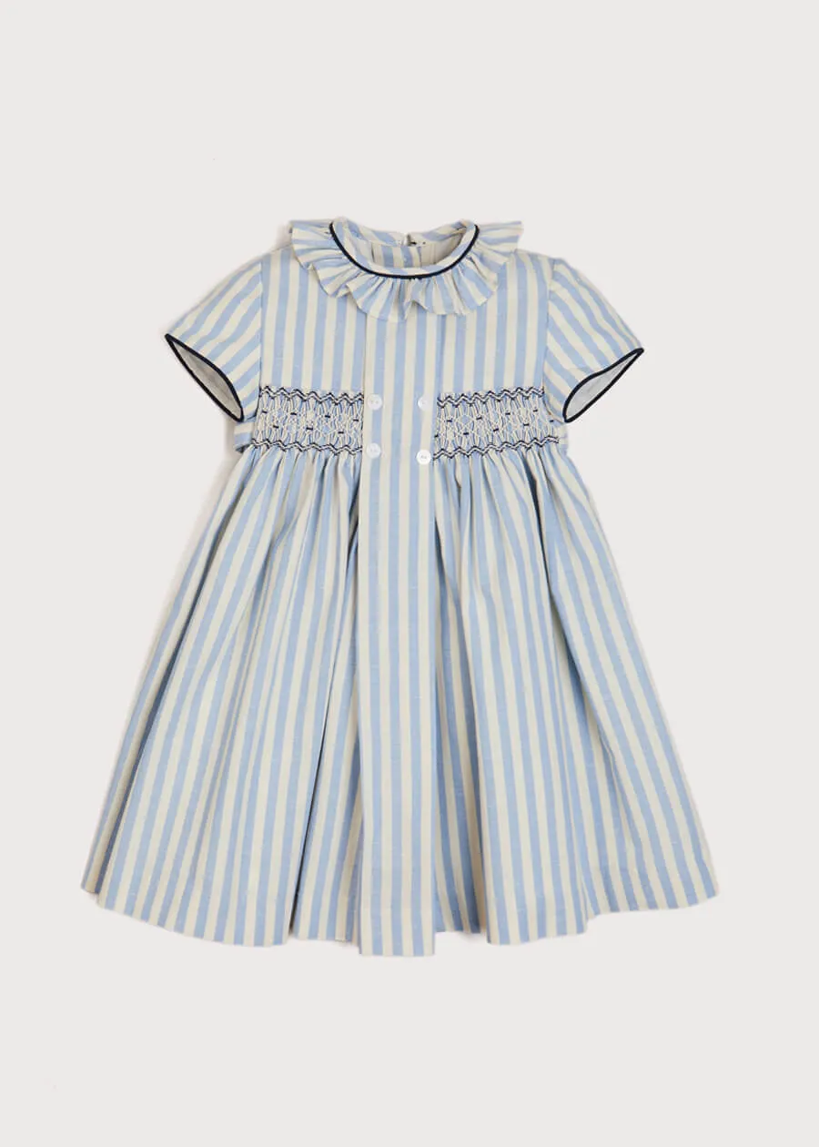 Hand Smocked Delicate Stripe Short Sleeve Dress in Blue (12mths-10yrs)