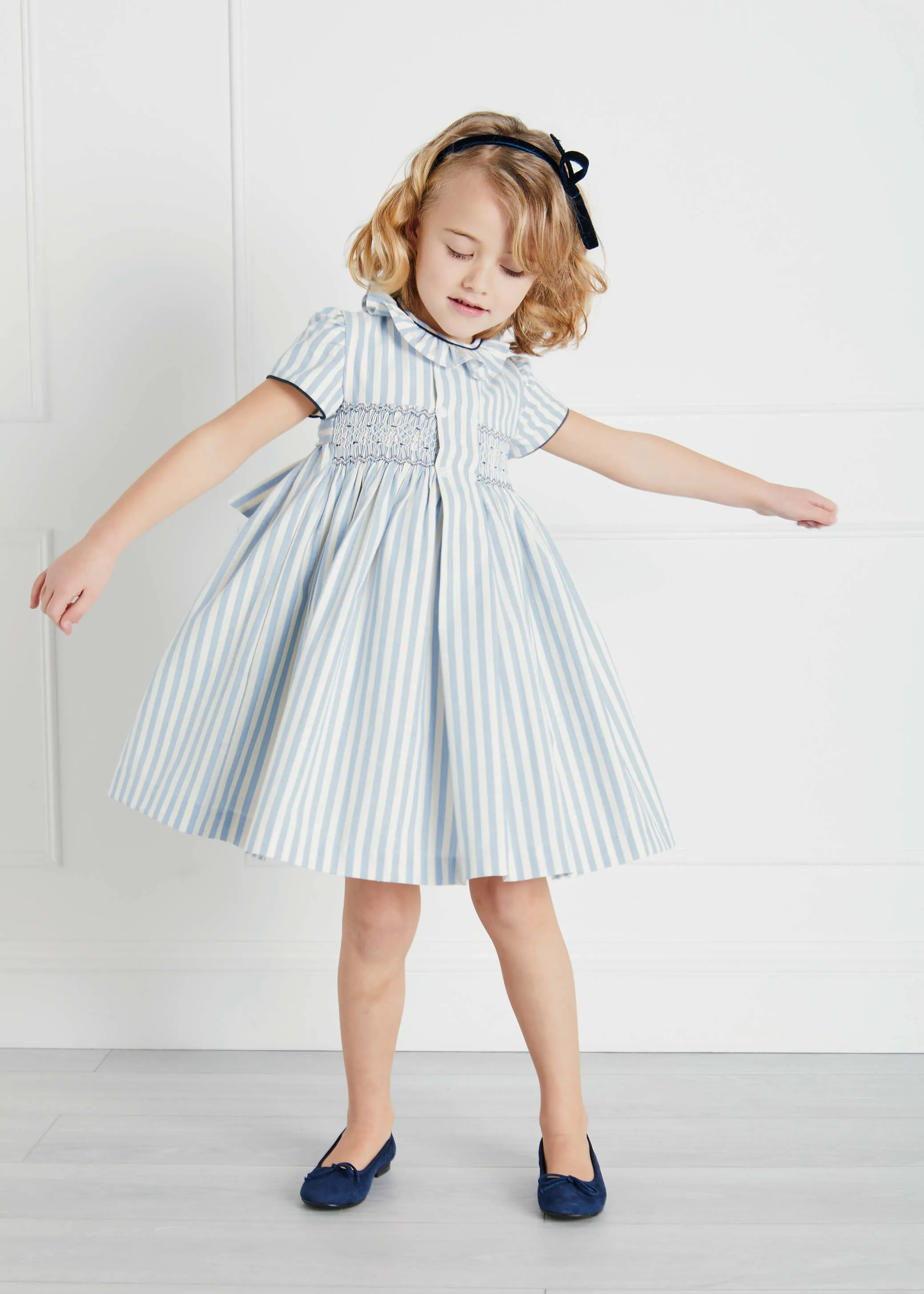 Hand Smocked Delicate Stripe Short Sleeve Dress in Blue (12mths-10yrs)