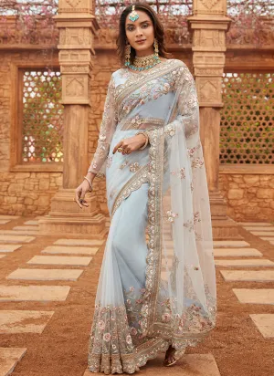 Light Dusty Blue Embroidered Net Saree