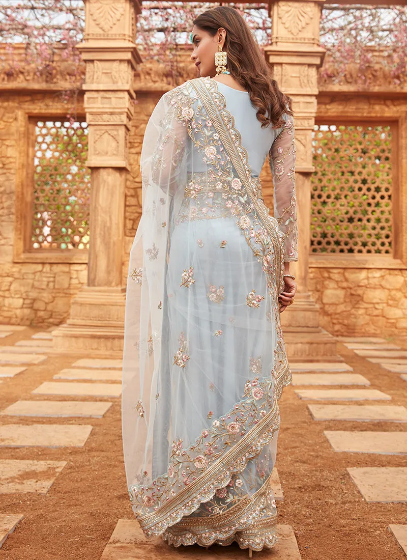 Light Dusty Blue Embroidered Net Saree