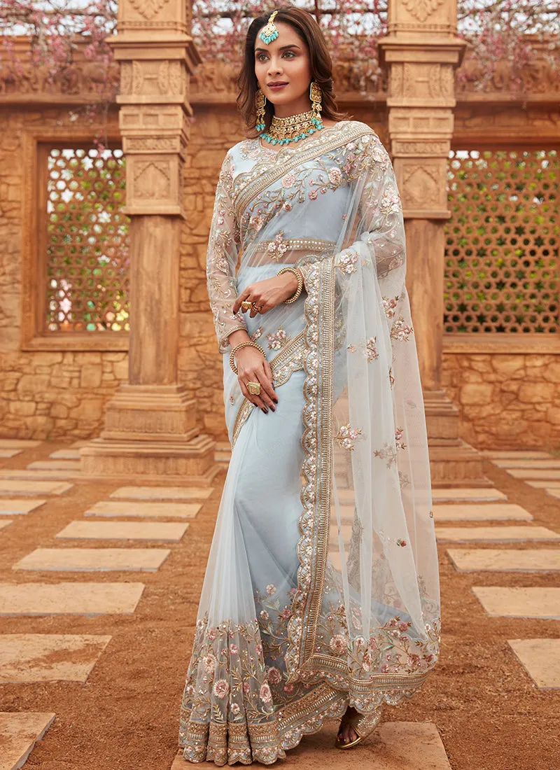 Light Dusty Blue Embroidered Net Saree