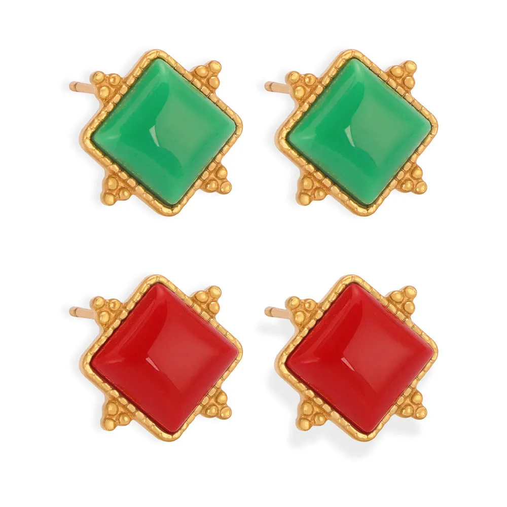 Luxurious Titanium Gold-Plated Geometric Earrings with Natural Stone Insets