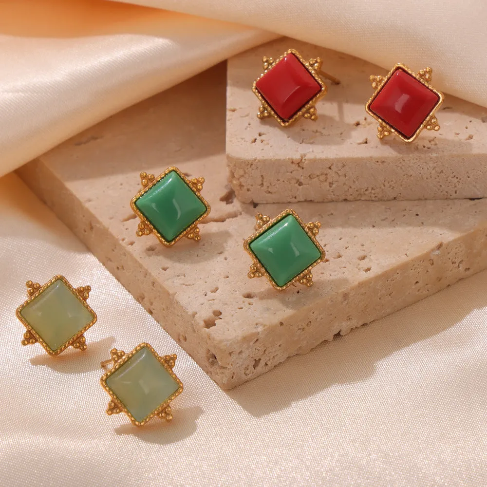 Luxurious Titanium Gold-Plated Geometric Earrings with Natural Stone Insets