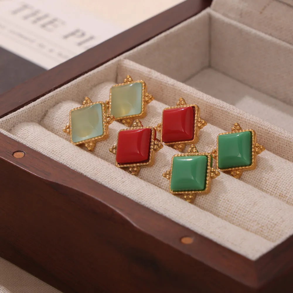 Luxurious Titanium Gold-Plated Geometric Earrings with Natural Stone Insets