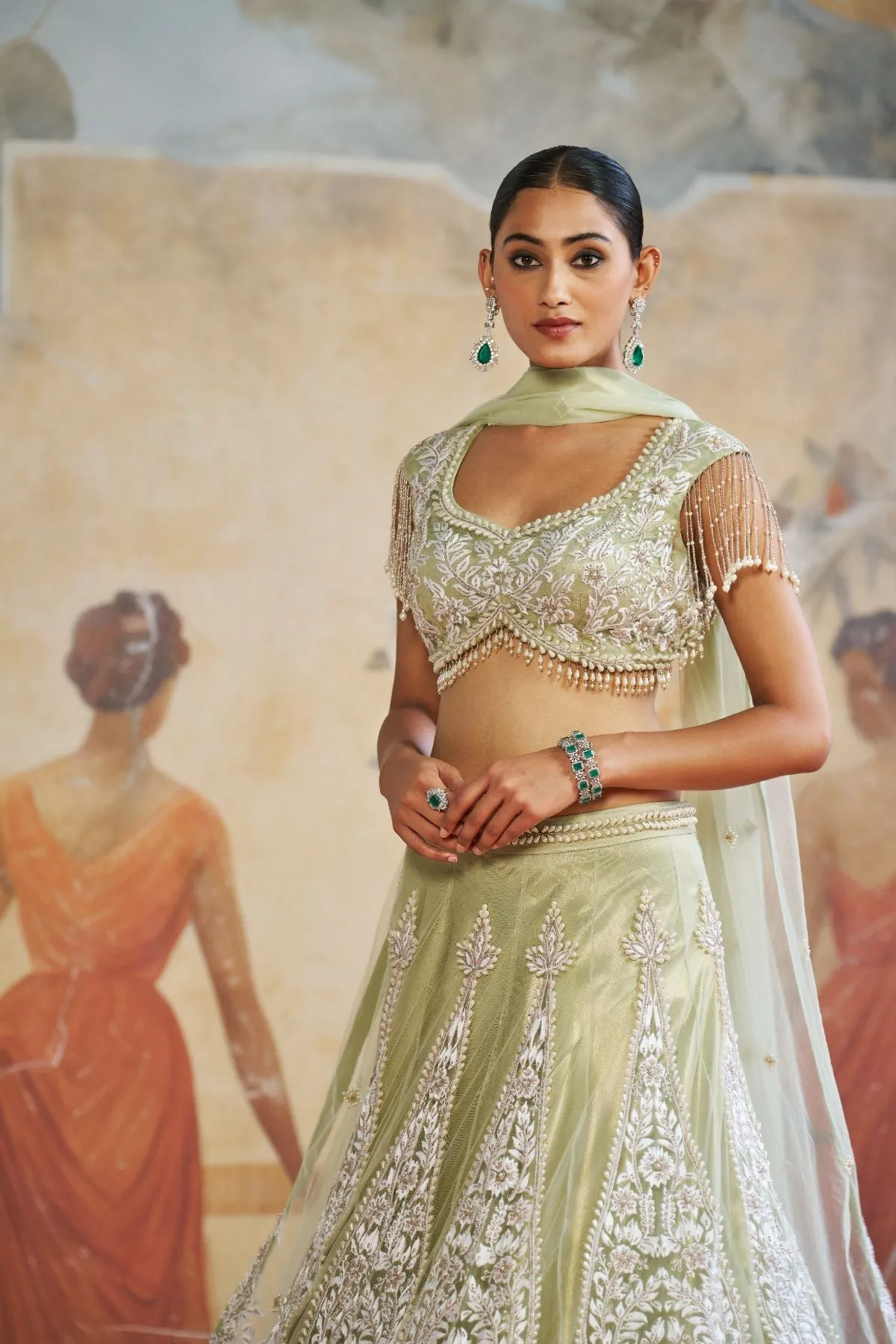 Mint green pearl lehenga set