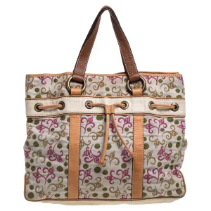 Multicolor Embroidered Fabric and Leather Trim Tote