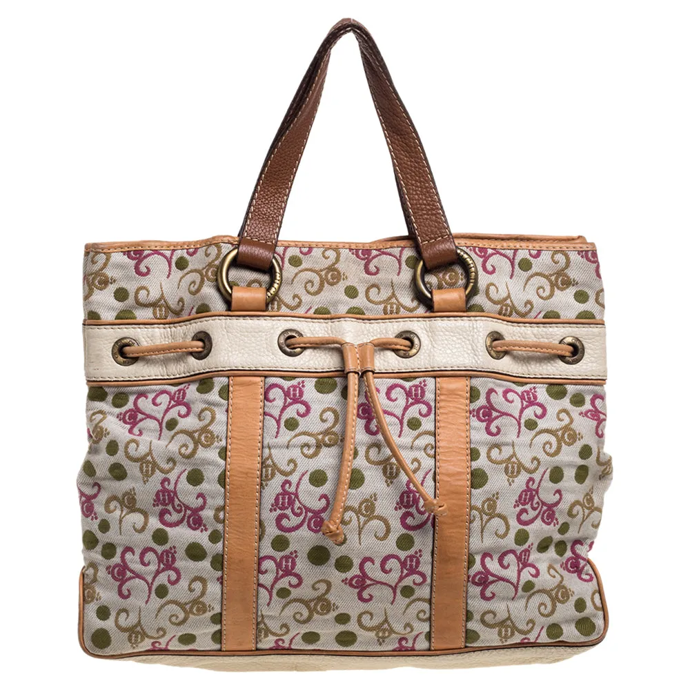 Multicolor Embroidered Fabric and Leather Trim Tote