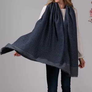 Navy and Grey Houndstooth Cashmere Shawl