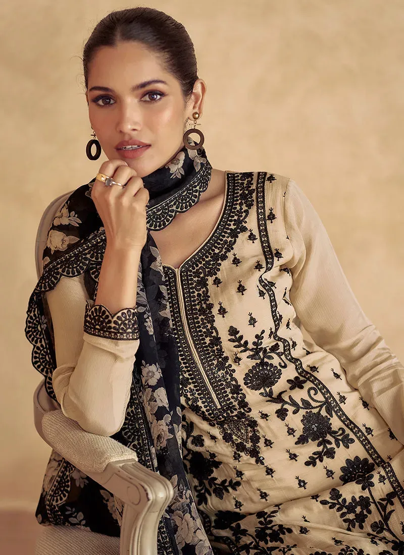 Outstanding Beige Thread Embroidered Traditional Palazzo Suit