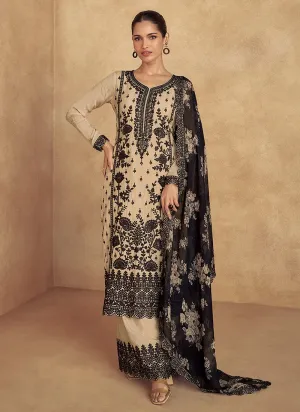 Outstanding Beige Thread Embroidered Traditional Palazzo Suit