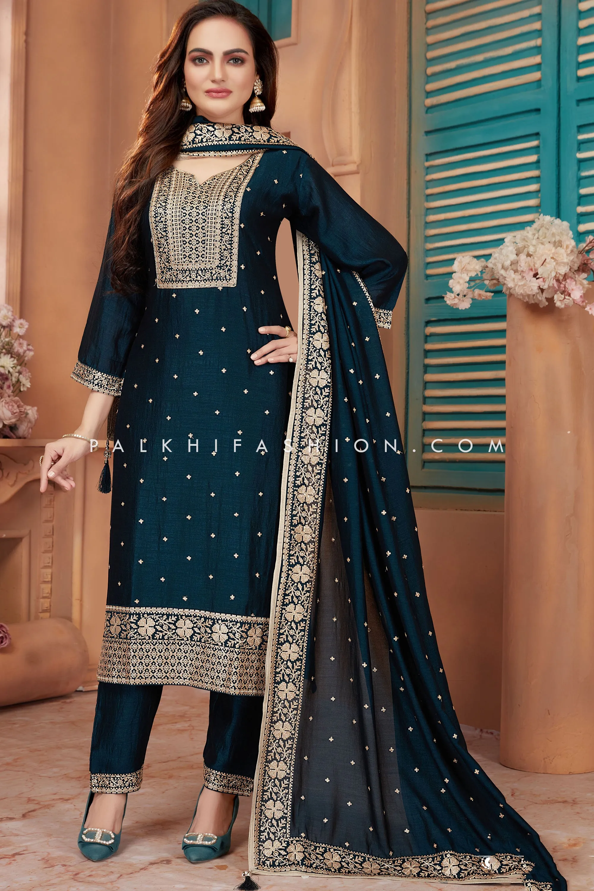 Teal Blue Silk Straight Cut Suit With Embroidery Work